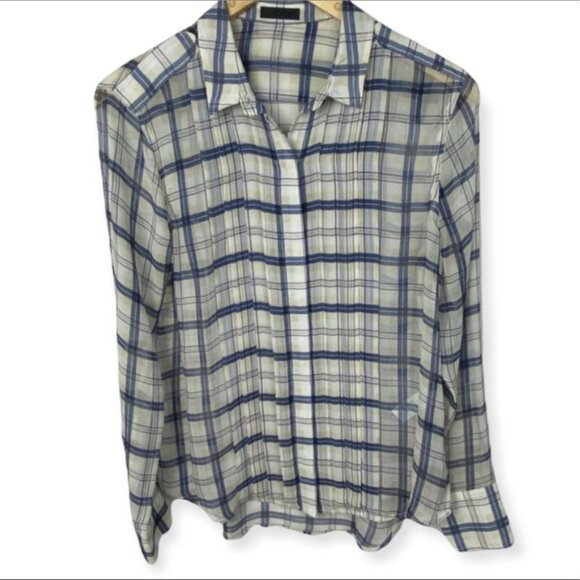 ATM 100% Silk Sheer Plaid Blue Lightweight Blouse PLL Anthony Thomas Melillo XS - Picture 3 of 13